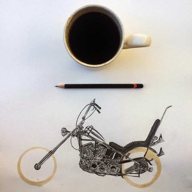 コーヒーの滲みを使用し、バイクを精密デッサン。